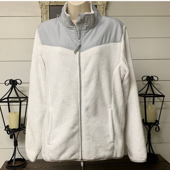 Zippered White Fleece Jacket with Grey Trim XL 16-18 - Picture 1 of 12